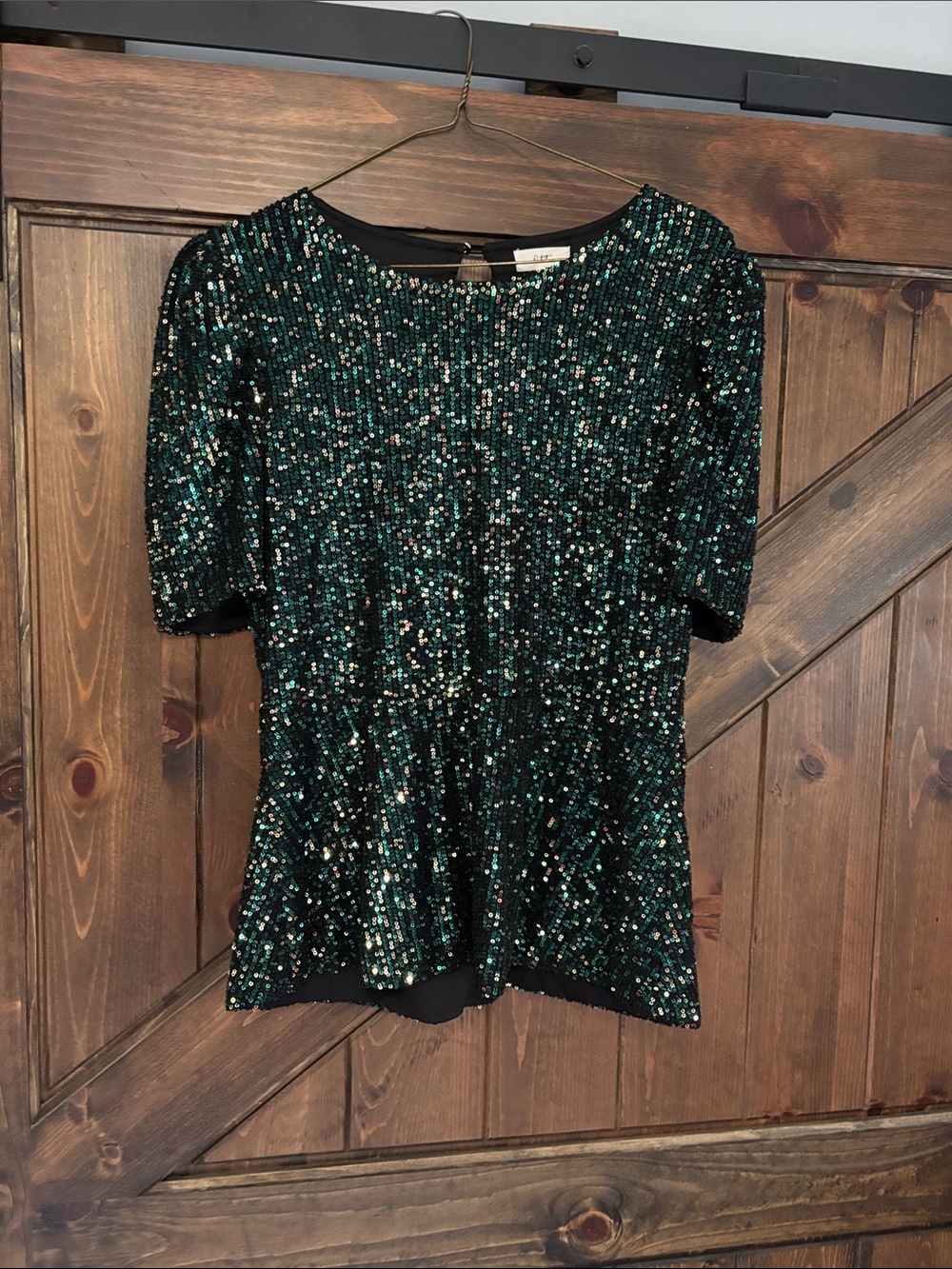 Women's Emerald Sequin Peplum Blouse - Short Sleeve